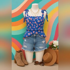 Yumi Kim Women's Blue Floral Tie Strap Peplum Aroma Top Size L